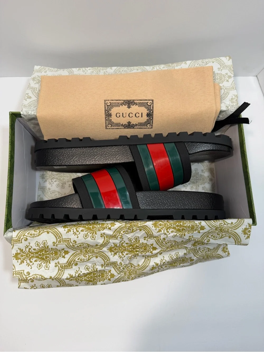 Gucci Black Slides with Red & Green Striped Band